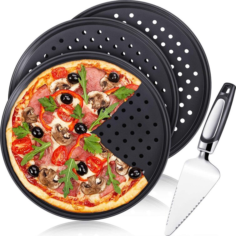 Carbon Steel Round Mesh Baking Tray Pie Cake Pizza Pan Non-stick Oven Dish Plate 