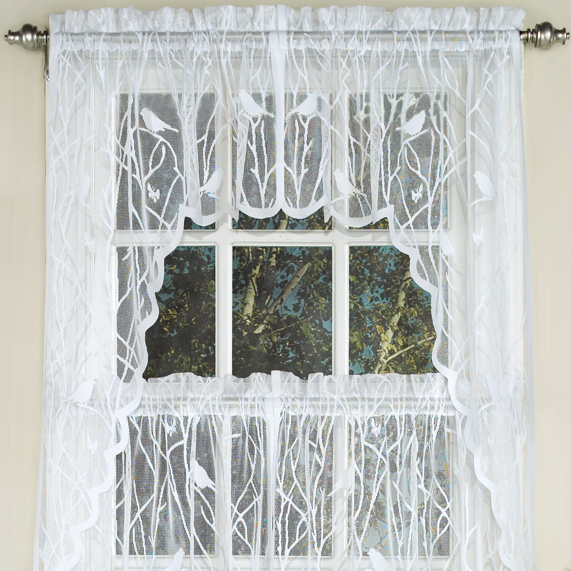 Knit Lace Song Bird Motif Kitchen Curtains 