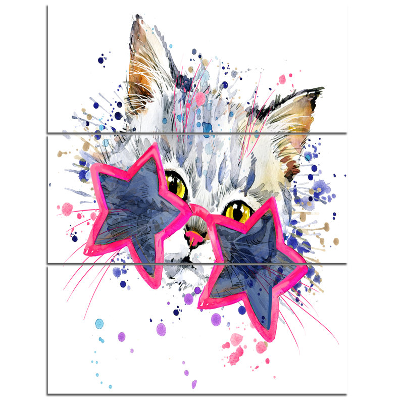 Designart Cute Kitten With Blue Stars 3 Piece Wall Art On Wrapped Canvas Set Wayfair