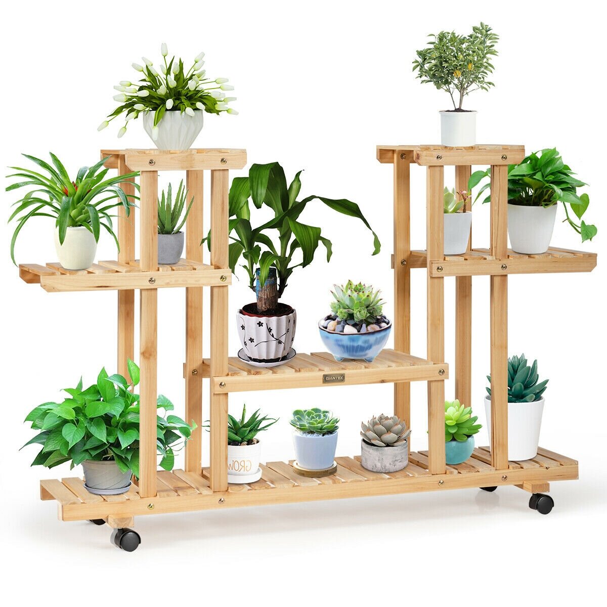 Arlmont & Co. 4-Tier Wood Casters Rolling Shelf Plant Stand-Natural ...