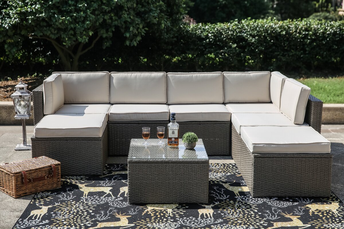 Gracie Oaks 8 Piece Rattan Sectional Set with Cushions