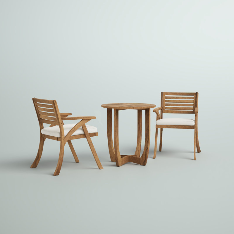 Round 2 - Person 28" Long Bistro Set with Cushions Frame Color/Cushion Color: Teak Frame/Cream Cushion