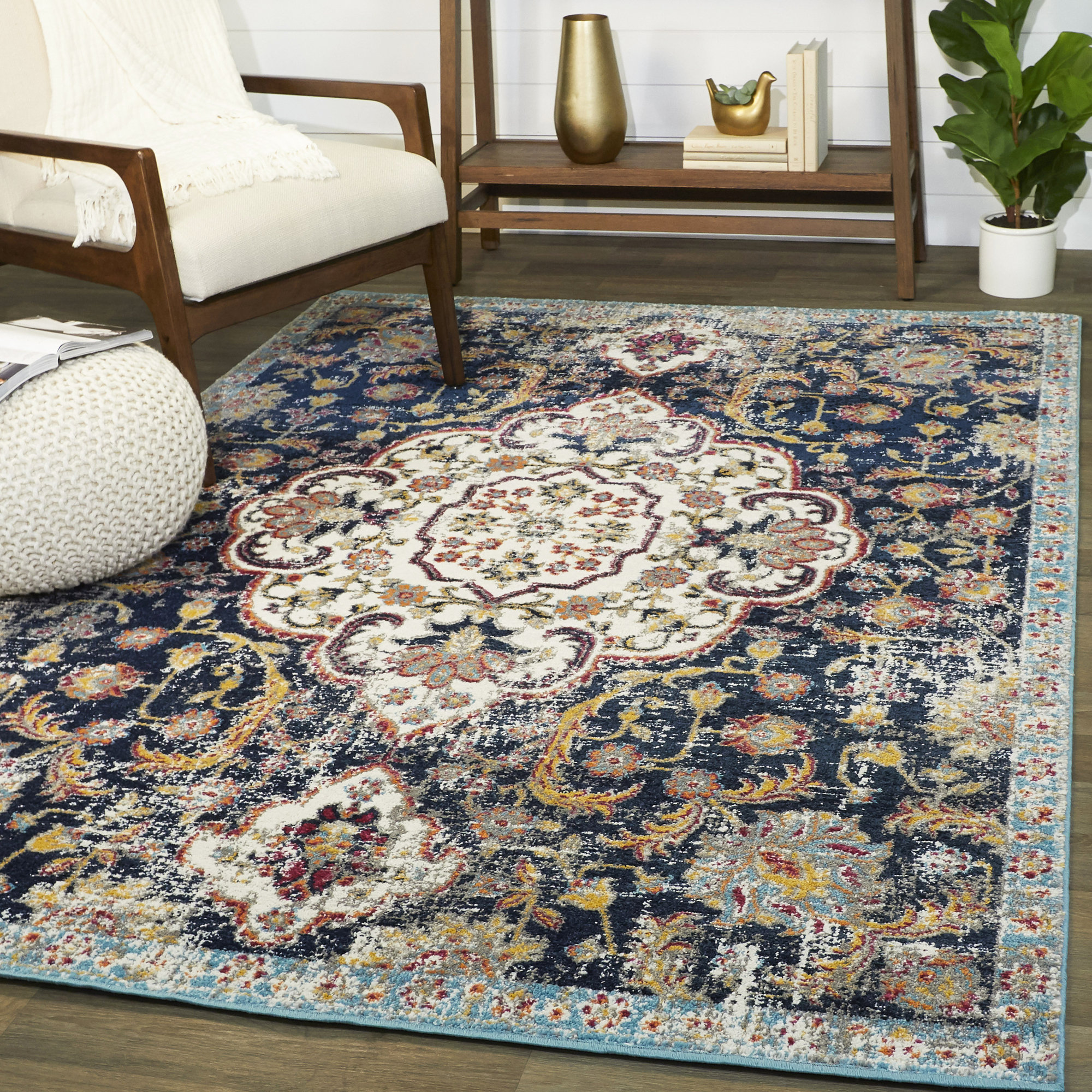 Bungalow Rose Summer Louise Oriental Navy Blue Light Beige Area Rug