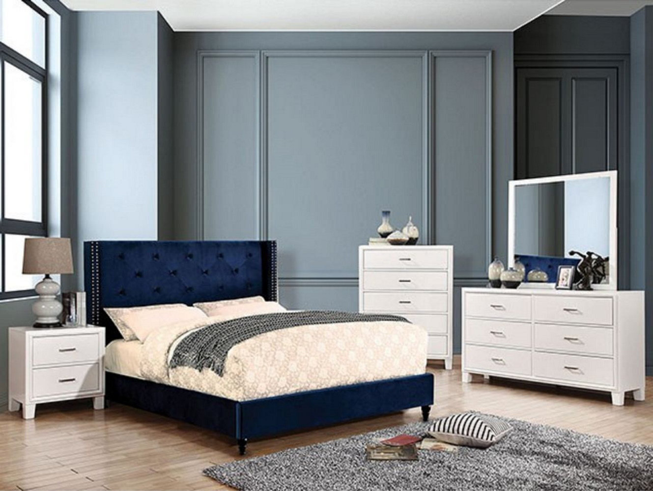 navy dresser and nightstand