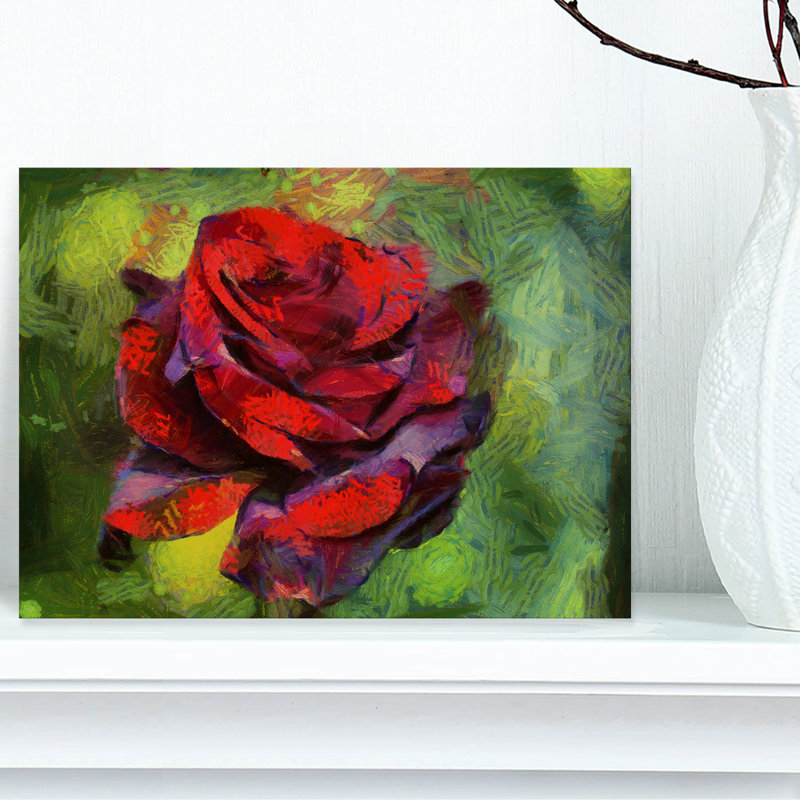 Designart Red Rose Illustration On Green Painting Print On