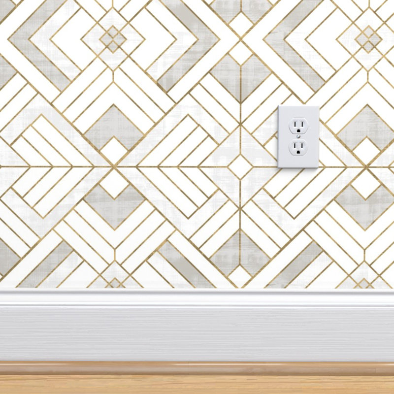Ivy Bronx Geometric Wallpaper Vintage Deco White Gold White