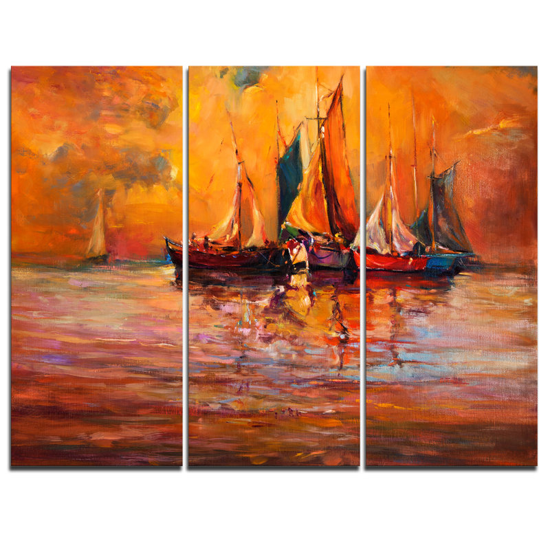 Designart Boats And Ocean In Red 3 Piece Painting Print On