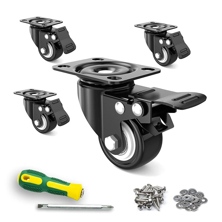 12 Pack 2-Inch Caster Wheels WITH BRAKE Swivel Plate Casters On Black Polyurethane Wheels Online Best Service 
