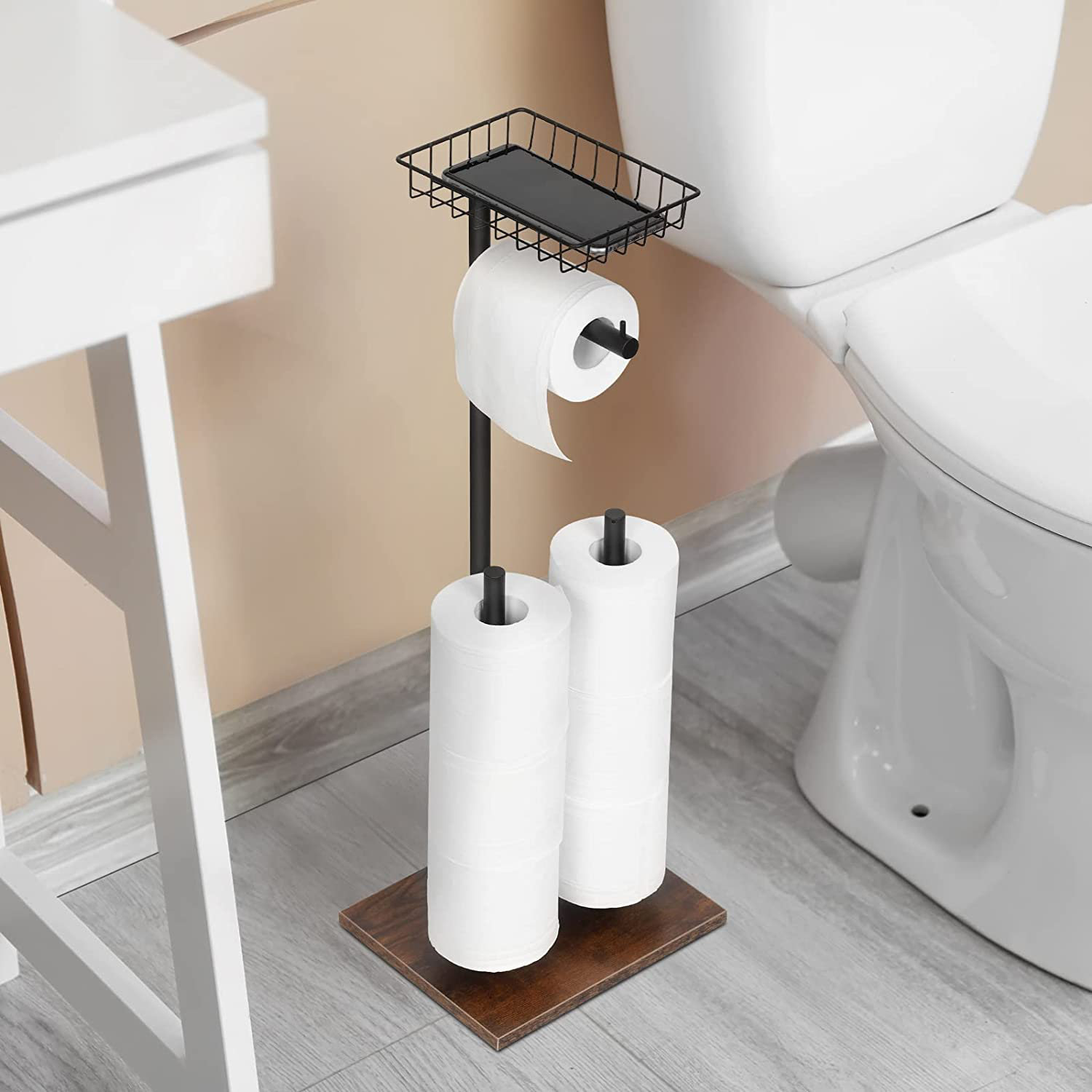 Large Free Standing Toilet Paper Holder with Storage Shelf 