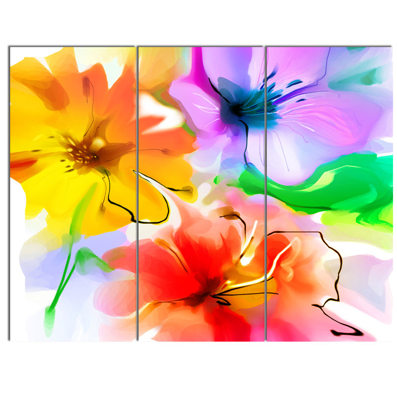 Designart Bunch Of Colorful Flowers Sketch 3 Piece Painting