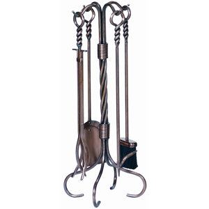 4 Piece Ring Handle Antique Copper Fire Tool Set With Stand