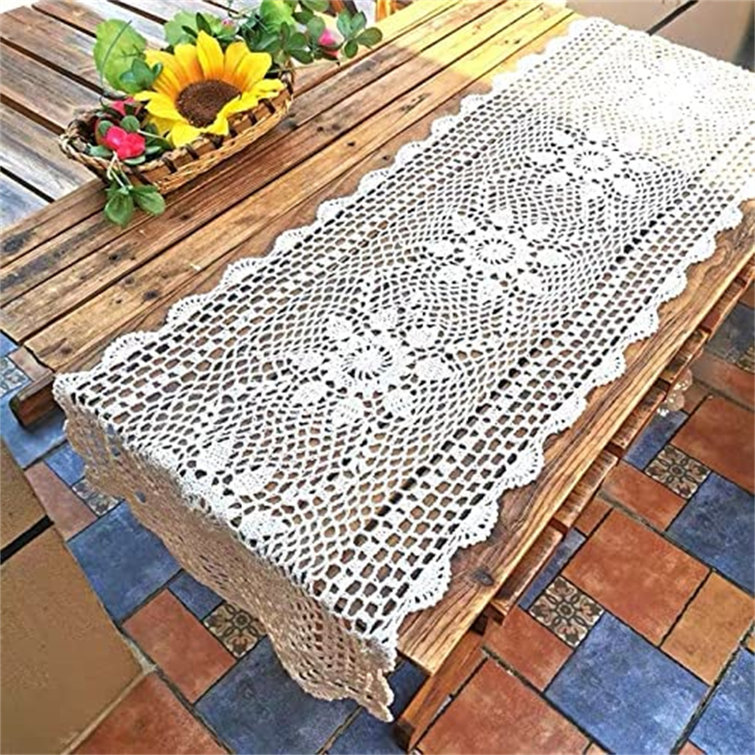 Vintage Lace Table Runner Dresser Scarf Hand Crochet Rectangle Doily 15x35inch 