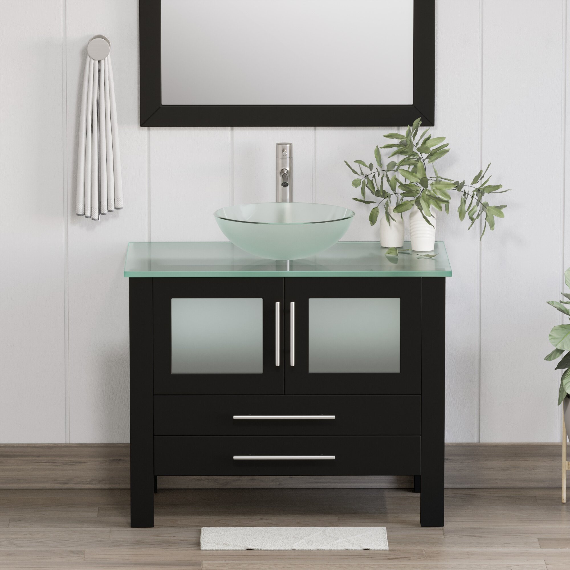 36" Bathroom Vanity Set Modern W/Tempered Glass Vessel Sink Small Side Cabinet 