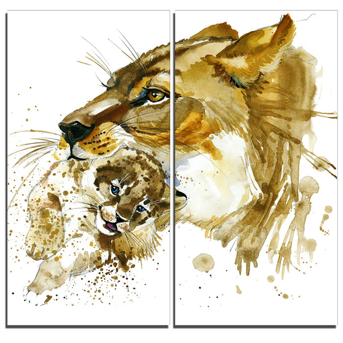Designart Lioness And Cub Illustration Animal 2 Piece Graphic Art