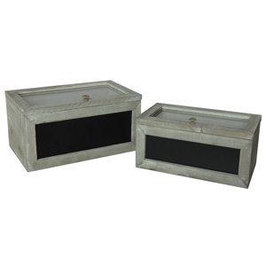 2 Piece Wooden Box with Glass Lid and Front Chalkboard Set