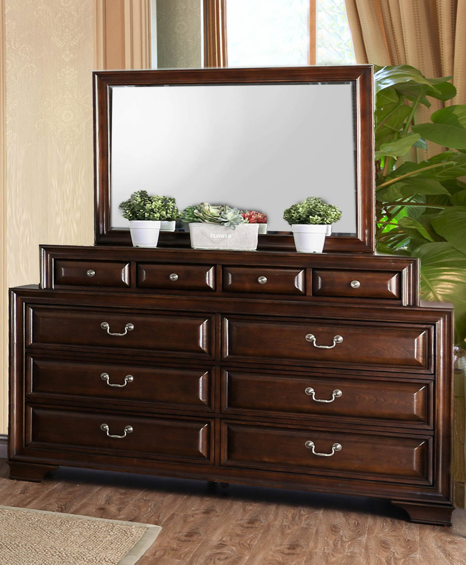 Charlton Home Perera 10 Drawer Double Dresser With Mirror Perera 10 Drawer Double Dresser