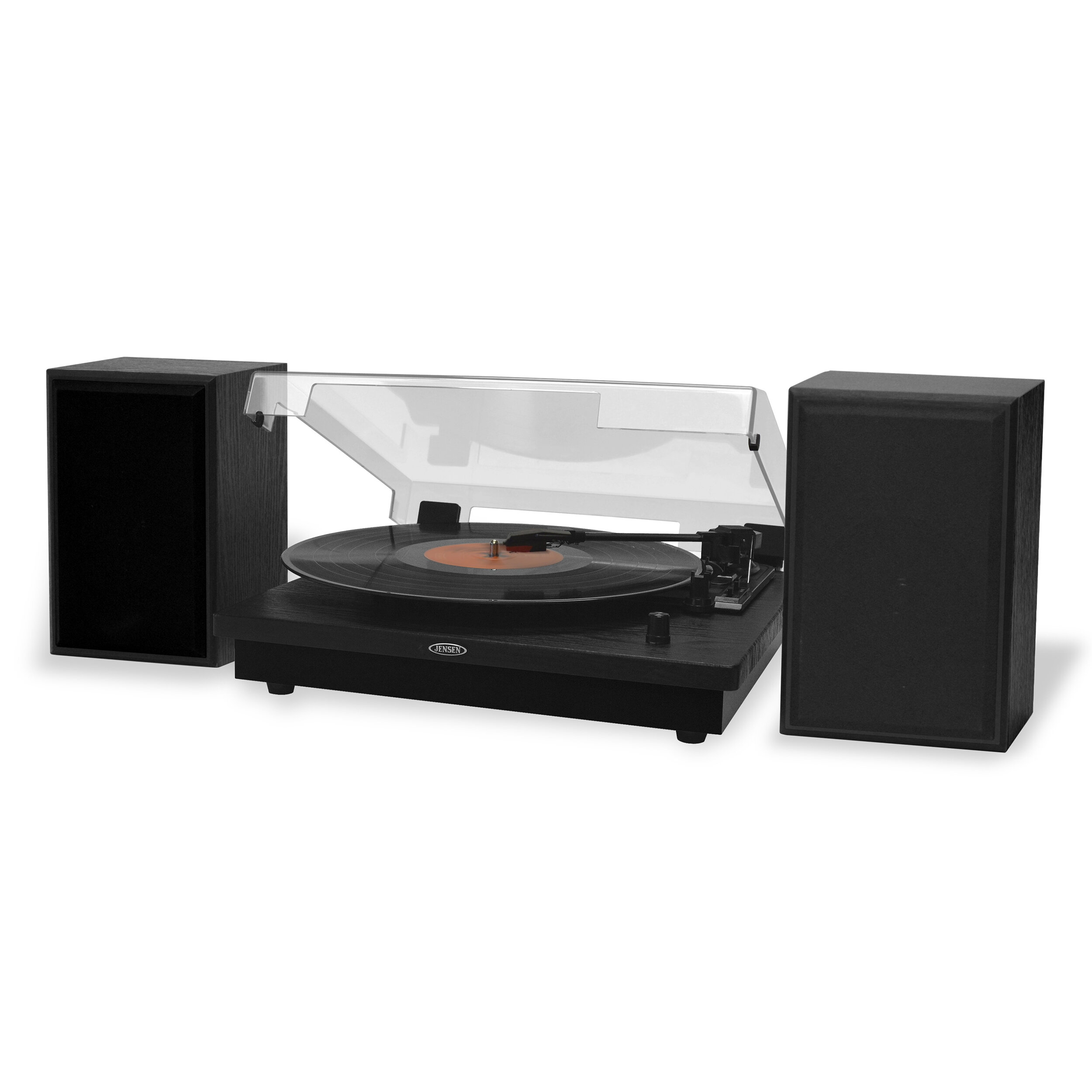 Jensen 3 Speed Shelf Stereo Speakers Vinyl Record Player Turntable AM/FM Radio 