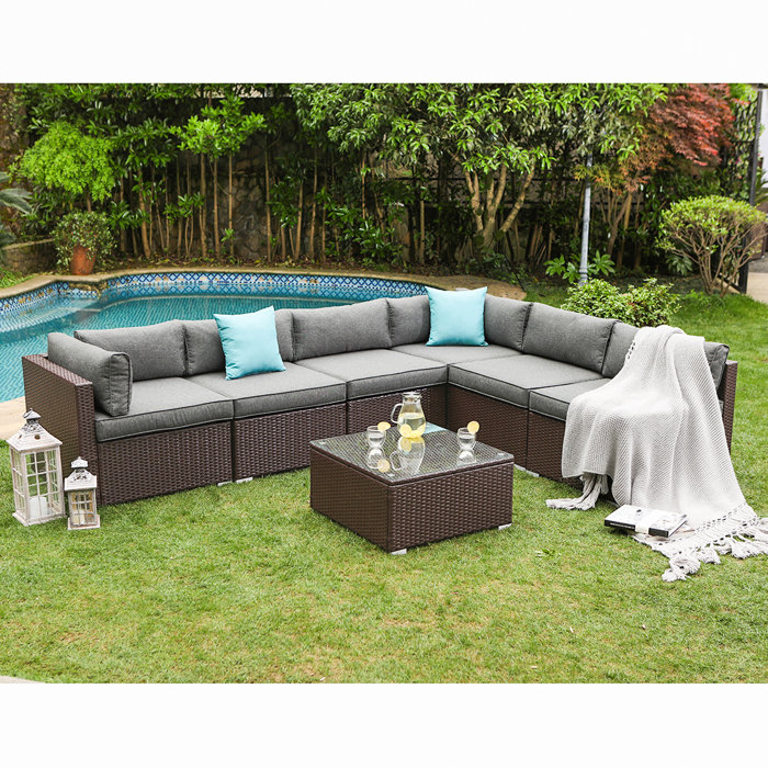 Bozman 7 Piece Outdoor Patio Furniture Chocolate Brown Wicker Sofa W Dark Grey Cushions Coffee Table 2 Turquoise Pillows Incl Waterproof Cover Bozman 7 Piece Outdoor Patio Furniture Chocolate Brown Wicker Sofa W Dark Grey Cushions Coffee Table 2 Turquoise Pillows Incl Waterproof Cover