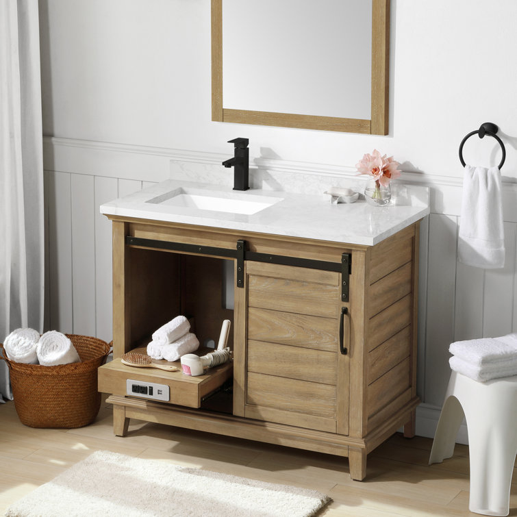 ove decors edenderry 42 in single sink bathroom barn door vanity with cultured marble countertop white finish black hardware and power bar reviews wayfair ca