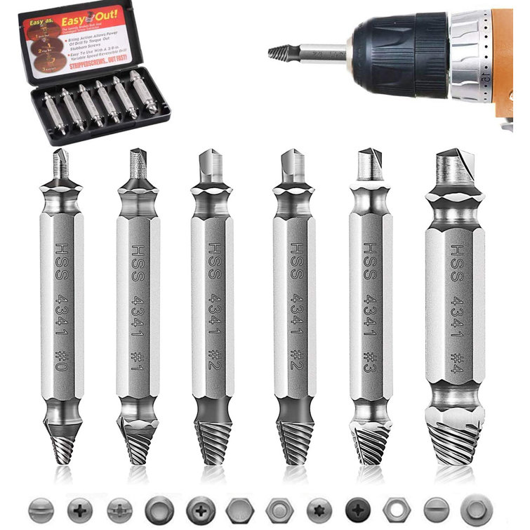 Wfx Utility Damaged Stripped Screw Extractor Remover Tool And Drill Bit Kit Broken Bolt Extractor Made From H S S 4341 Set Of 6 Pcs Stripped Screw Remover Wayfair