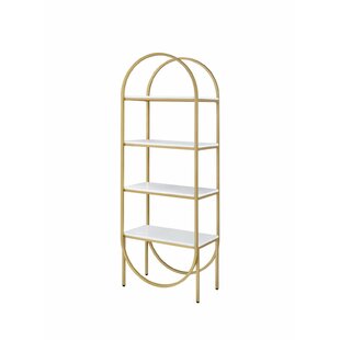 Arched Metal Frame Wooden Bookshelf With 4 Open Compartments,White And Gold By Everly Quinn