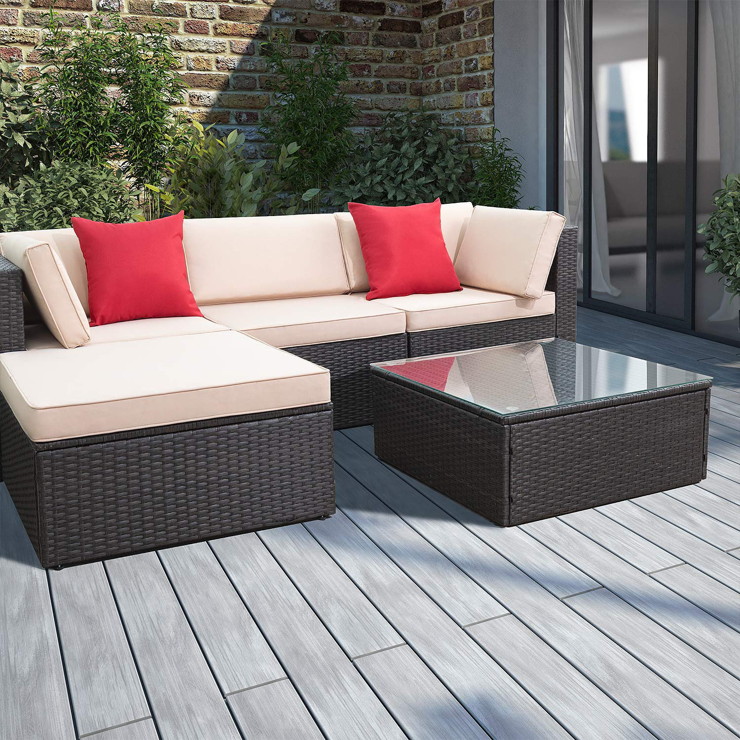 Brayden Studio Huang 5 Piece Rattan Sectional Seating Group With 5 Piece Rattan Sectional Seating Group
