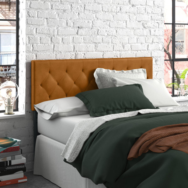 Contemporary Tiled Upholstered Faux Leather Square Queen Size Headboard in Brown 
