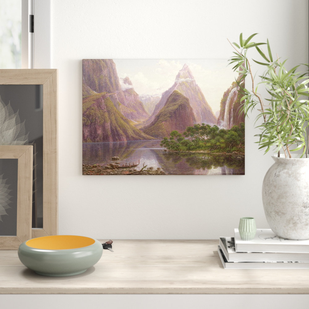 East Urban Home Gerahmter Kunstdruck Native Figures in a Canoe at Milford Sound, West Coast of South Island, New Zealand, Also Depicted are Mitre Peak and Bowens Fall