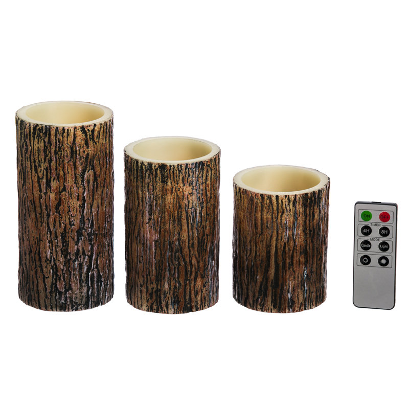 Loon Peak 3 Piece Tree Bark Battery Operated Led Flameless Pillar