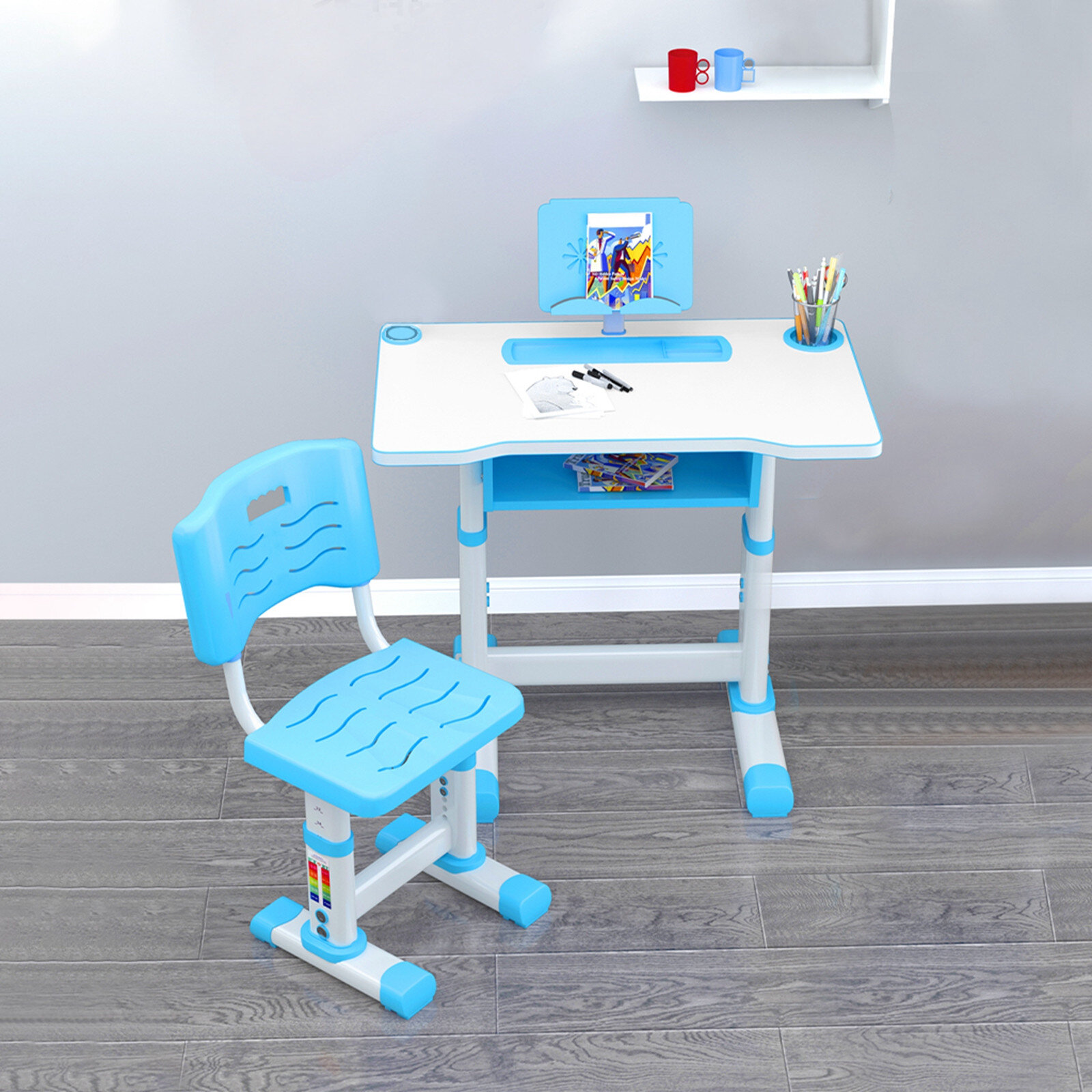 Blue Kids Desk and Chair Set,Height Adjustable Children Study Desk Table Chair Set Bookstand with Spacious Storage Drawer Pen Container