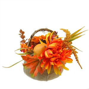Autumn Harvest Burlap Desktop Pumpkin with Flowers and Fruit Thanksgiving Decoration Floral Arrangement in Basket