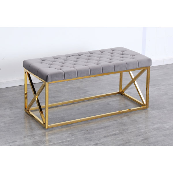 Light Sky Blue Round Velvet Vanity Stool Ottoman W Rose Gold