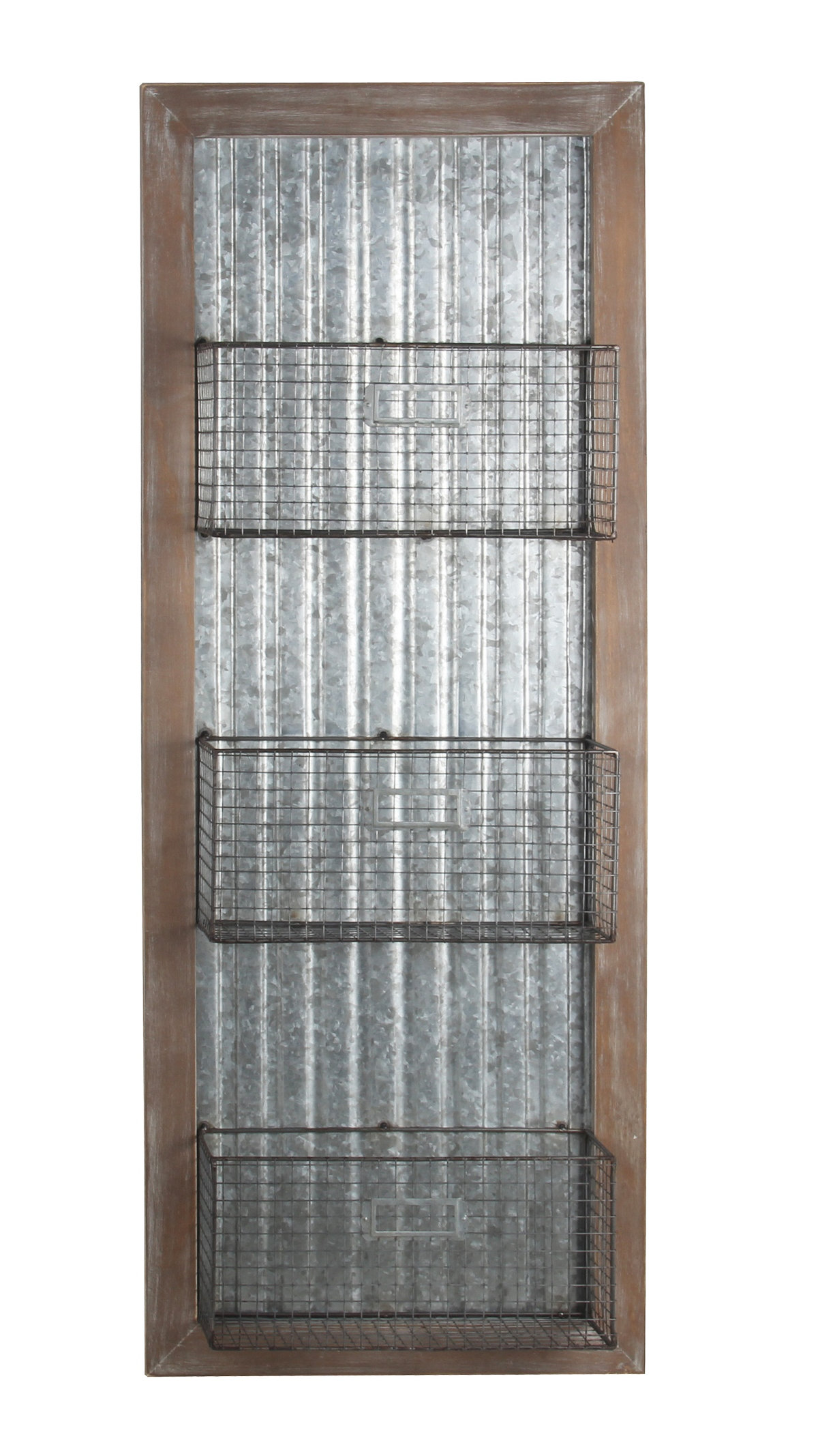 storage shelf baskets on Benjara Wood And Metal Wall Organizer With 3 Mesh Baskets Silver And Brown Wayfair