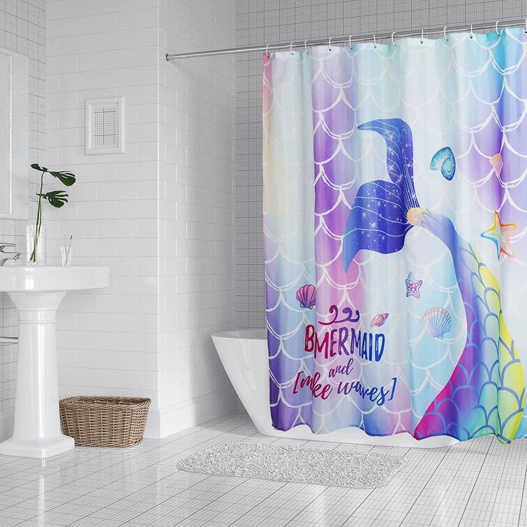 Beautiful Mermaid Tail Pattern Fish Scales Shower Curtain & 12 Hook Bathroom Mat 