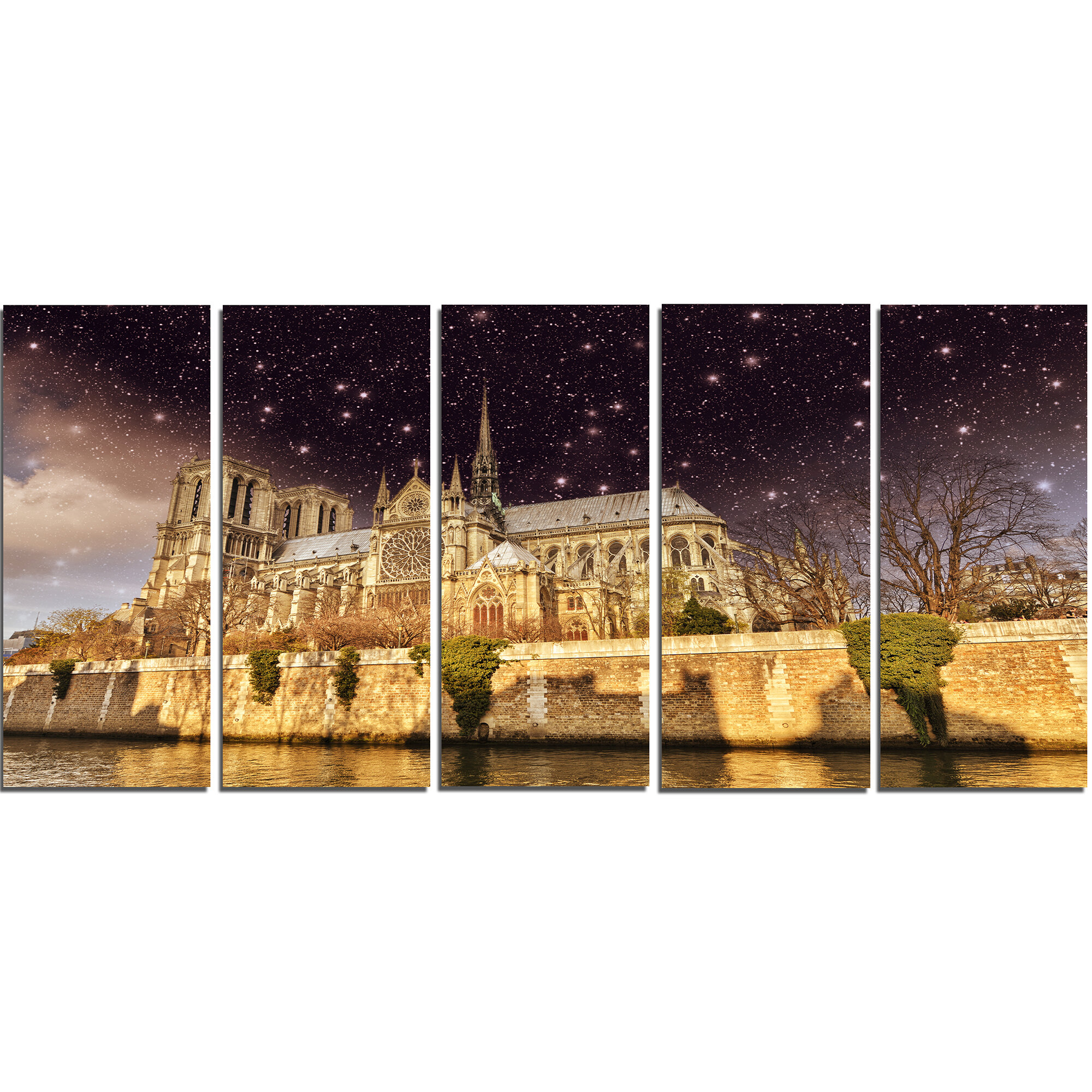 Designart Notre Dame Cathedral At Night 5 Piece Wall Art On Wrapped Canvas Set Wayfair