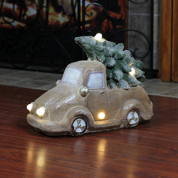 24-Inch Solar Powered Light Up Metal Christmas Antique Car With Tree Decoration