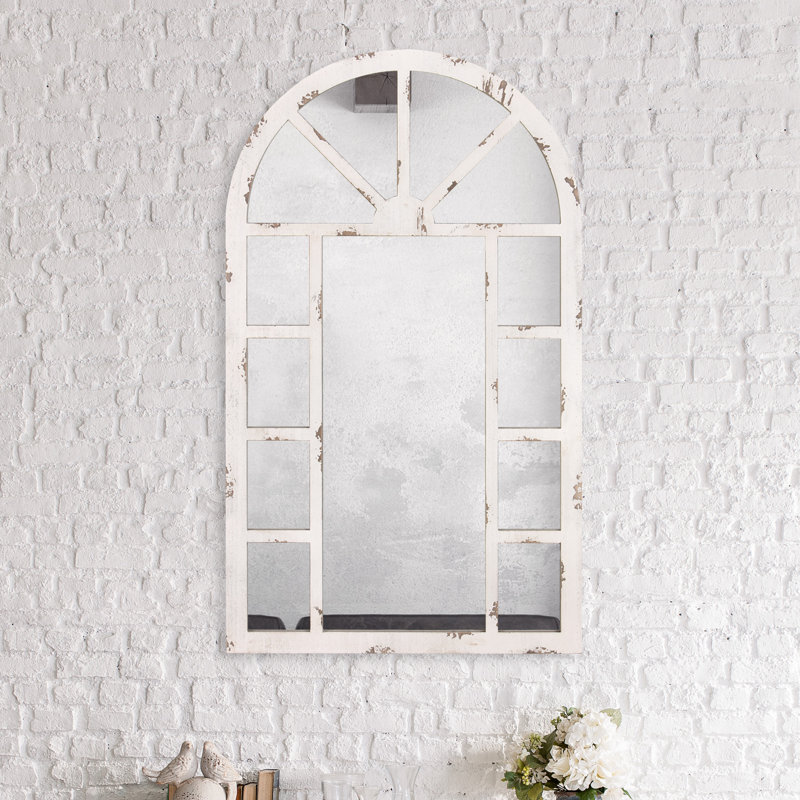 One Allium Way Ozias Distressed Arch Windowpane Wall Accent Mirror