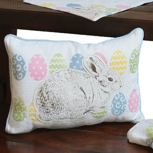 Bunny Eggs Printed Applique Easter Decorative Jute Lumbar Pillow