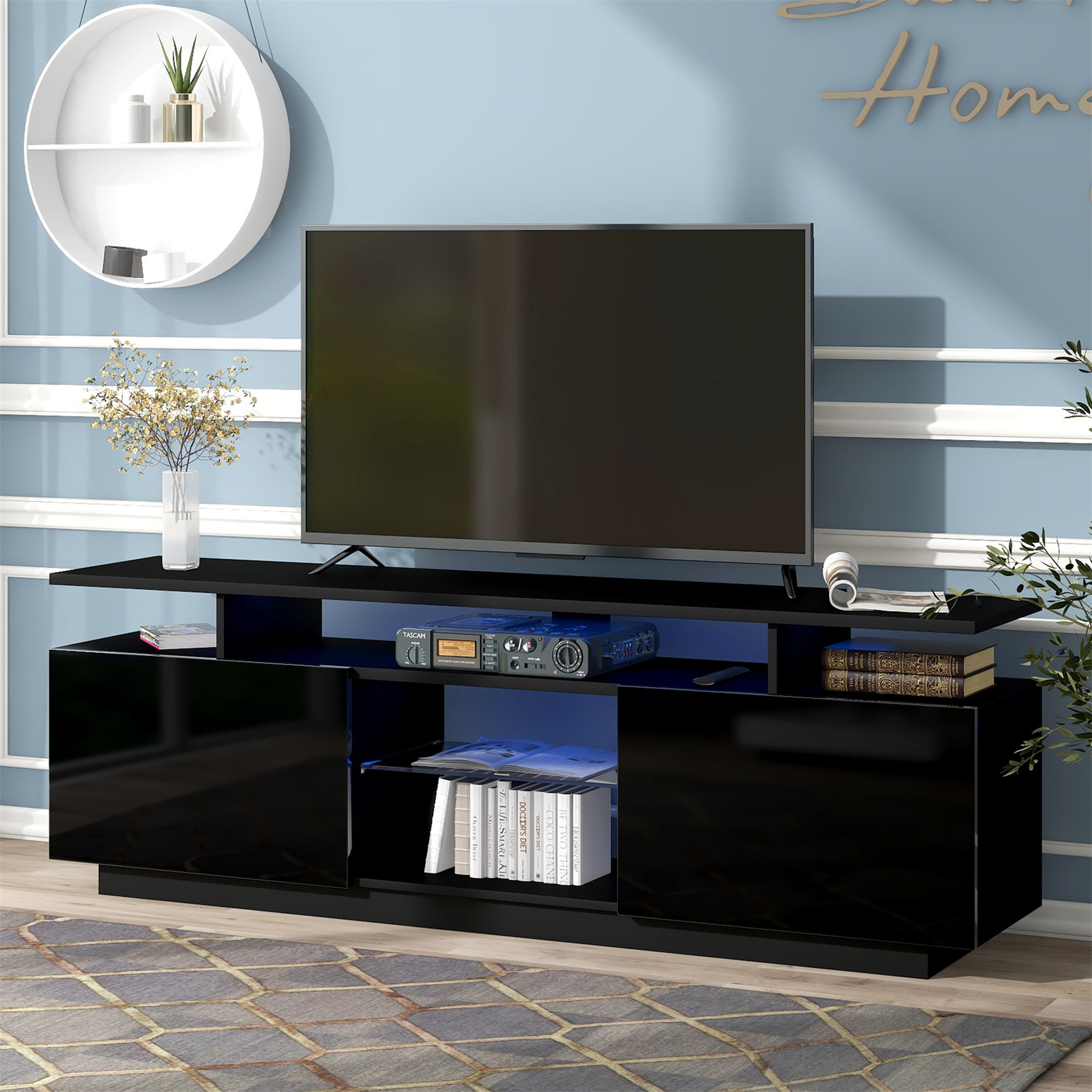 Details about   TV Stand Black For 65 Inch Size Wood Storage Drawer Entertainment Center Modern 