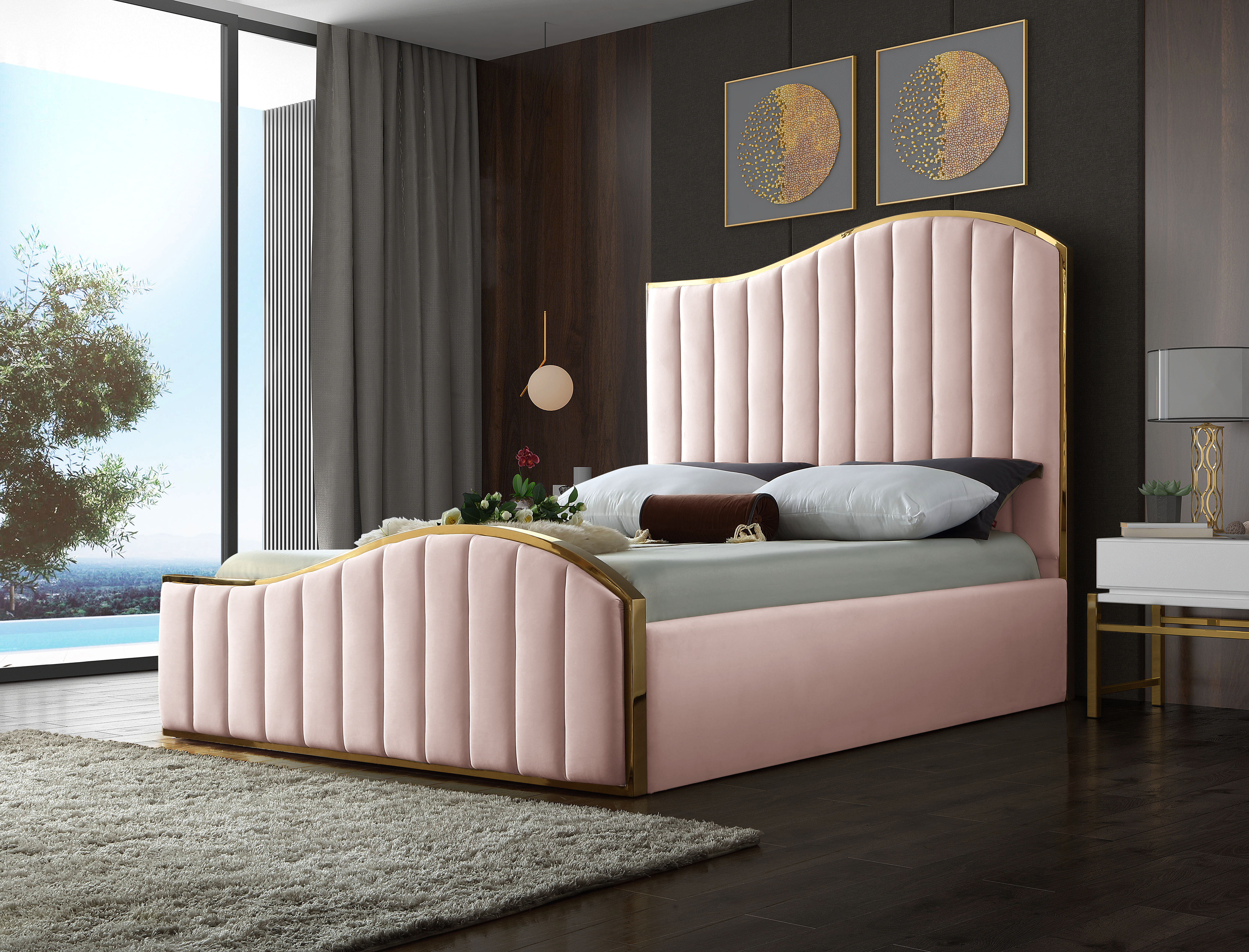 Bed Frame with LED Pink Fabric 5FT King Size Bedroom Room Furniture