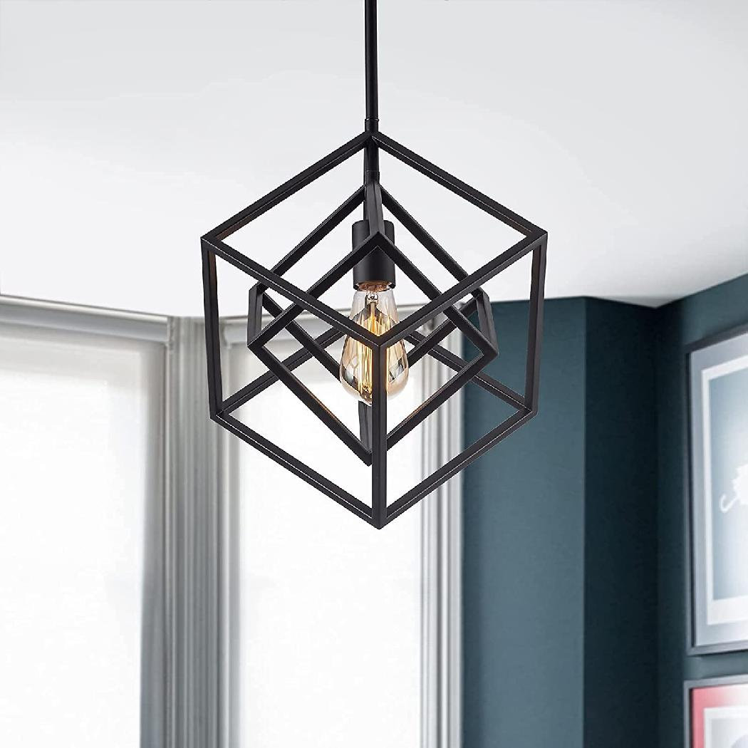 Modern Black Pendant Lighting Geometric Industrial Pendant Lights Adjustable Pendant Light Fixtures for Kitchen Island Living Room, Matte Black by 17