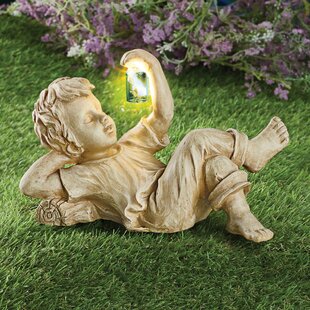 2Pcs Boy Girl Statue Lighted Fireflies in Jar Ornament Sculpture Garden Artwork 