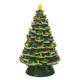 Grandmas Retro Nostalgic Ceramic Green Glaze Lighted Table Top Christmas Tree