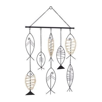 Metal Indoor Outdoor Wire Fish Black Wall Decor with Rattan Accents