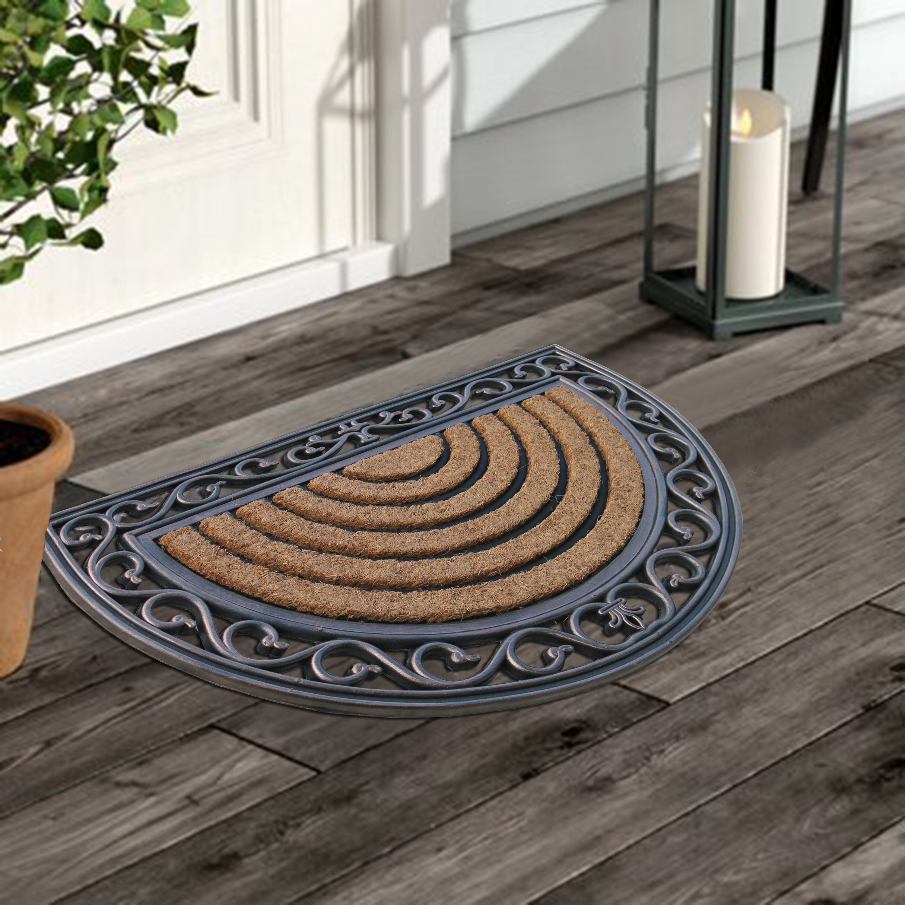 First Impression Hand Crafted Elegant Half Round Coir 30 In X 18 In Non Slip Outdoor Door Mat