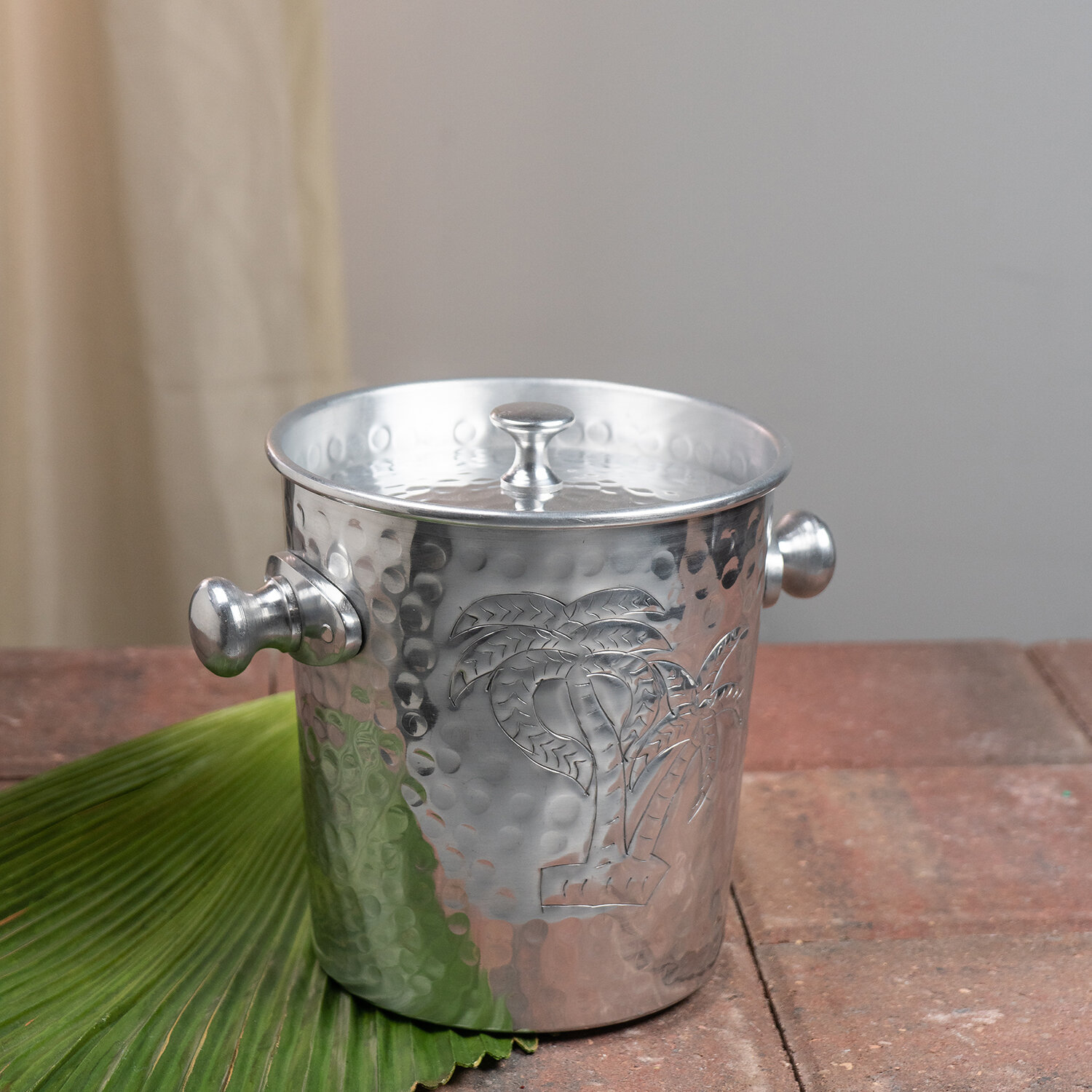 Classic Touch ~ Hammered Metal Branch Leaf Ice Bucket w/ Thongs ~ NEW 