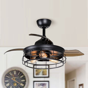Invisible Ceiling Fan 36 Inch Rustic Edison Industrial With Cage Light W/ Remote 