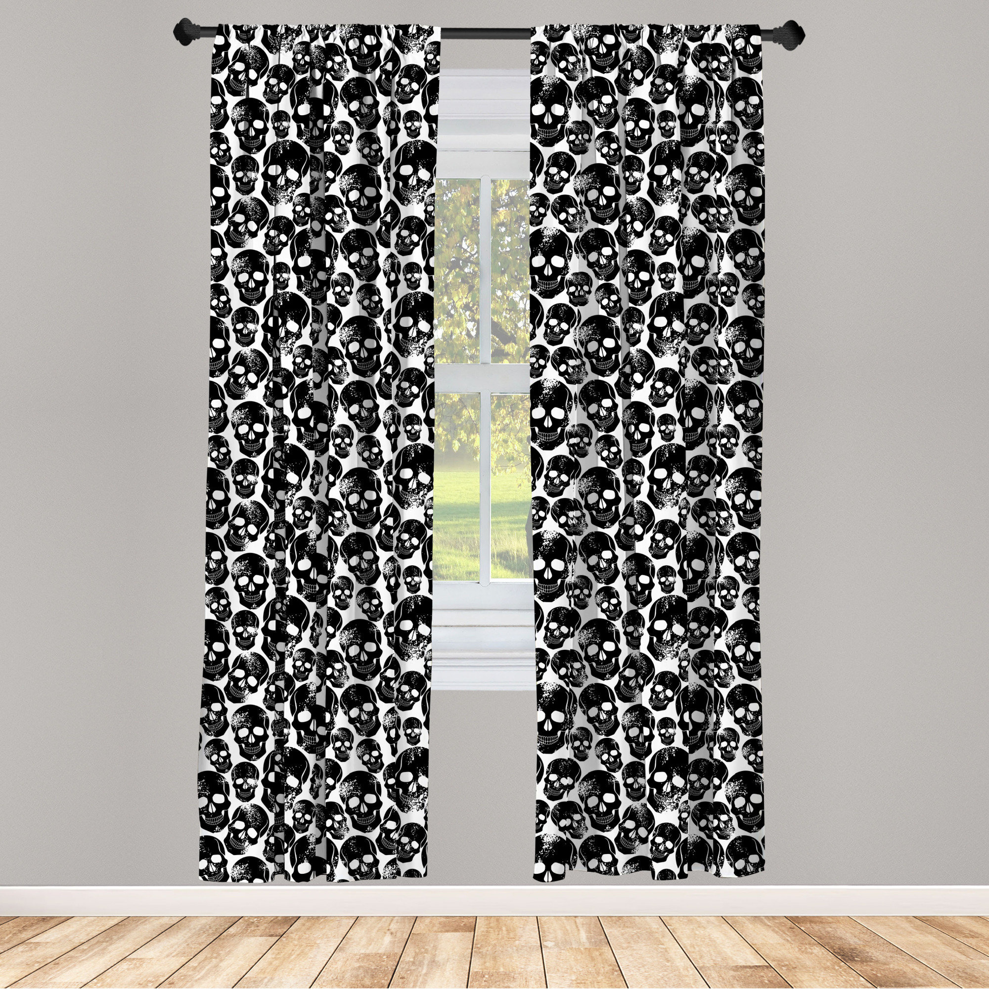 East Urban Home Amiyr Gothic Curtains, Grunge Black Human Skulls On ...