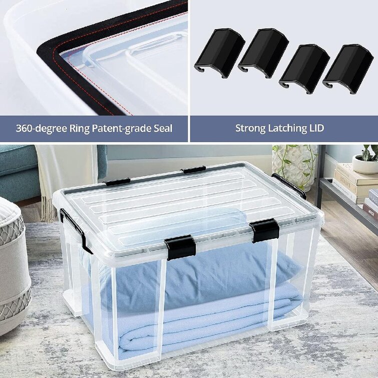 3-Pack Waterproof Plastic Storage Box Clear Toys 90QT/85L Stackable Latch Box Durable Multi-Purpose Locking Bin with Lid and Black Clips for Bedding Shoes and Clothes