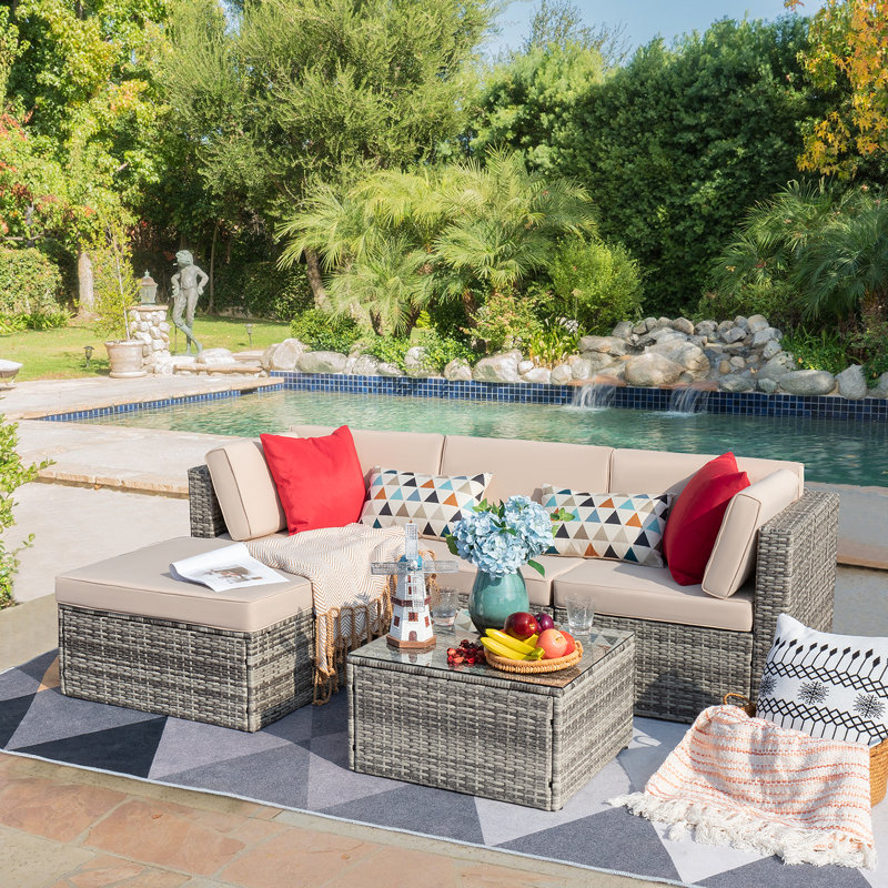 Latitude Run Agaran 5 Piece Rattan Sectional Seating Group With Cushions Reviews Wayfair